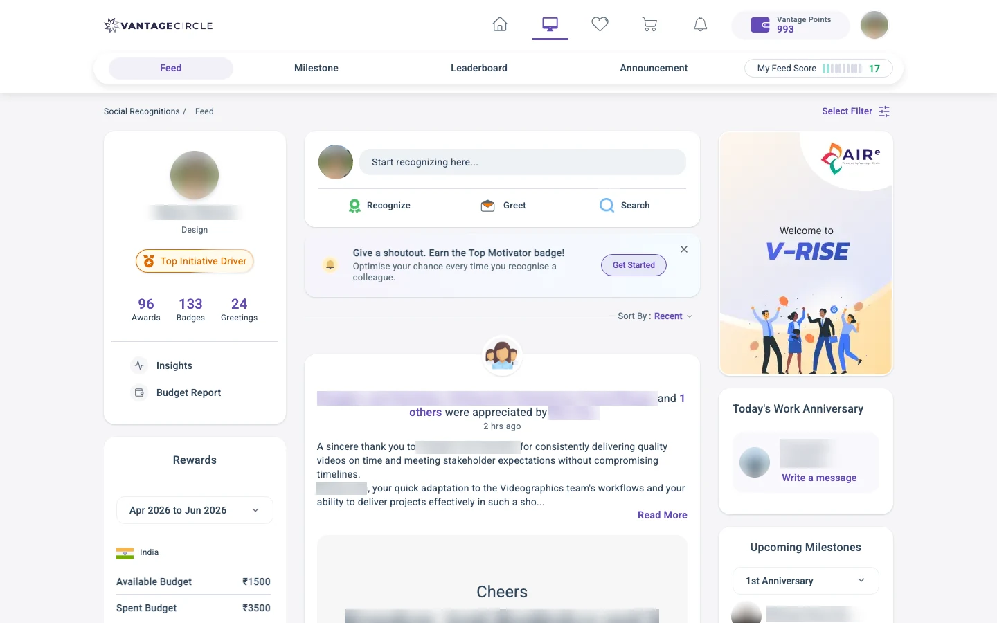 Vantage Circle recognition feed, the surface the consolidated design system was rolled out across.