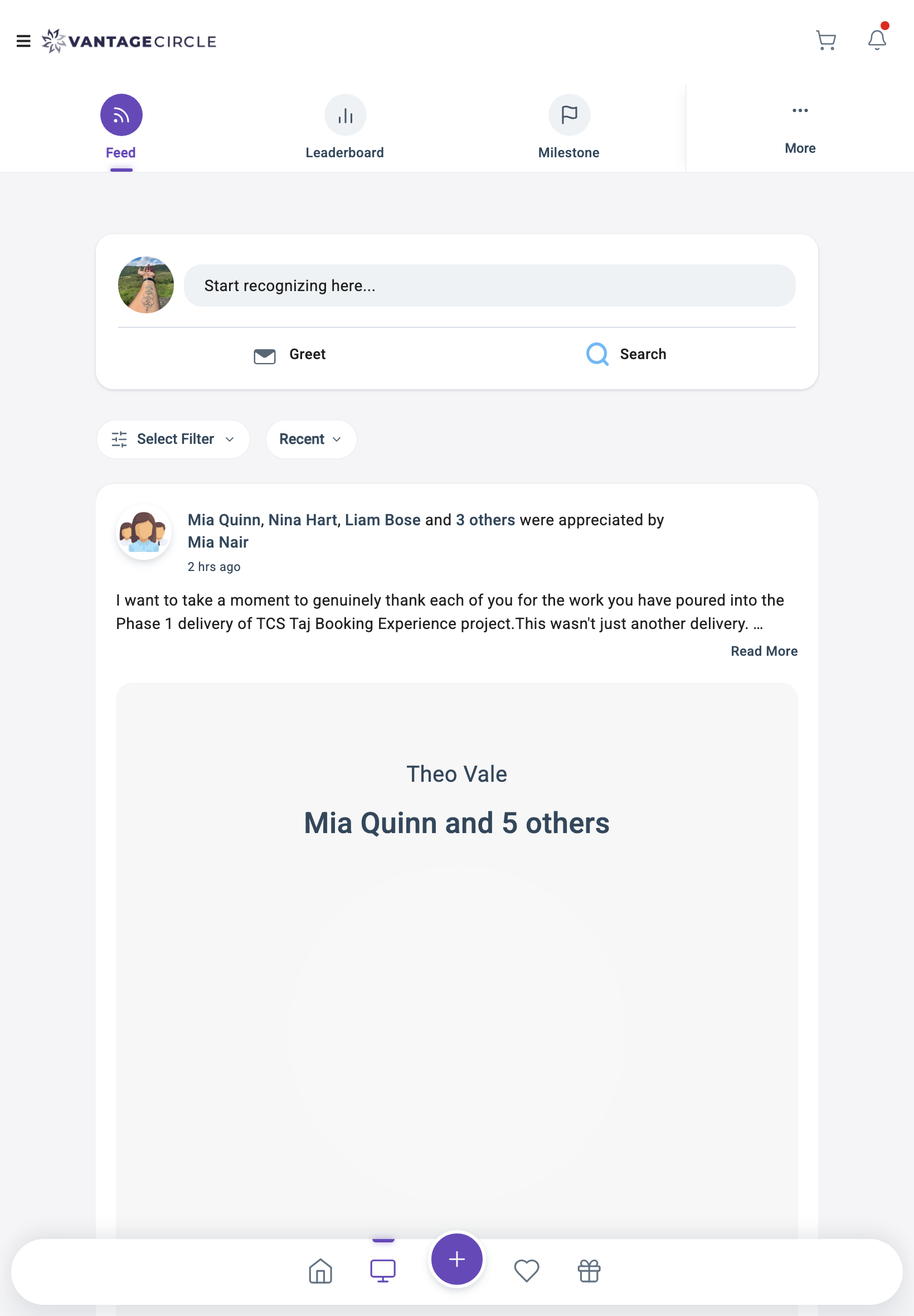 The same route at 820 pixels after the fix: one mobile header, a section strip with a More overflow, the composer promoted to the top, and the feed contained to a readable column.