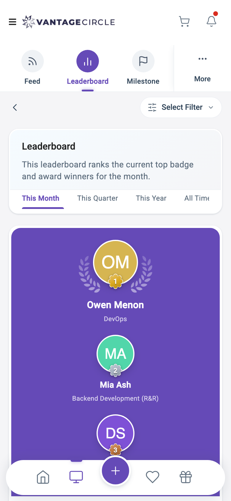The leaderboard after: all three podium places in one card, rank shown as a rosette on the avatar, department names visible, and the time-range tabs no longer colliding.