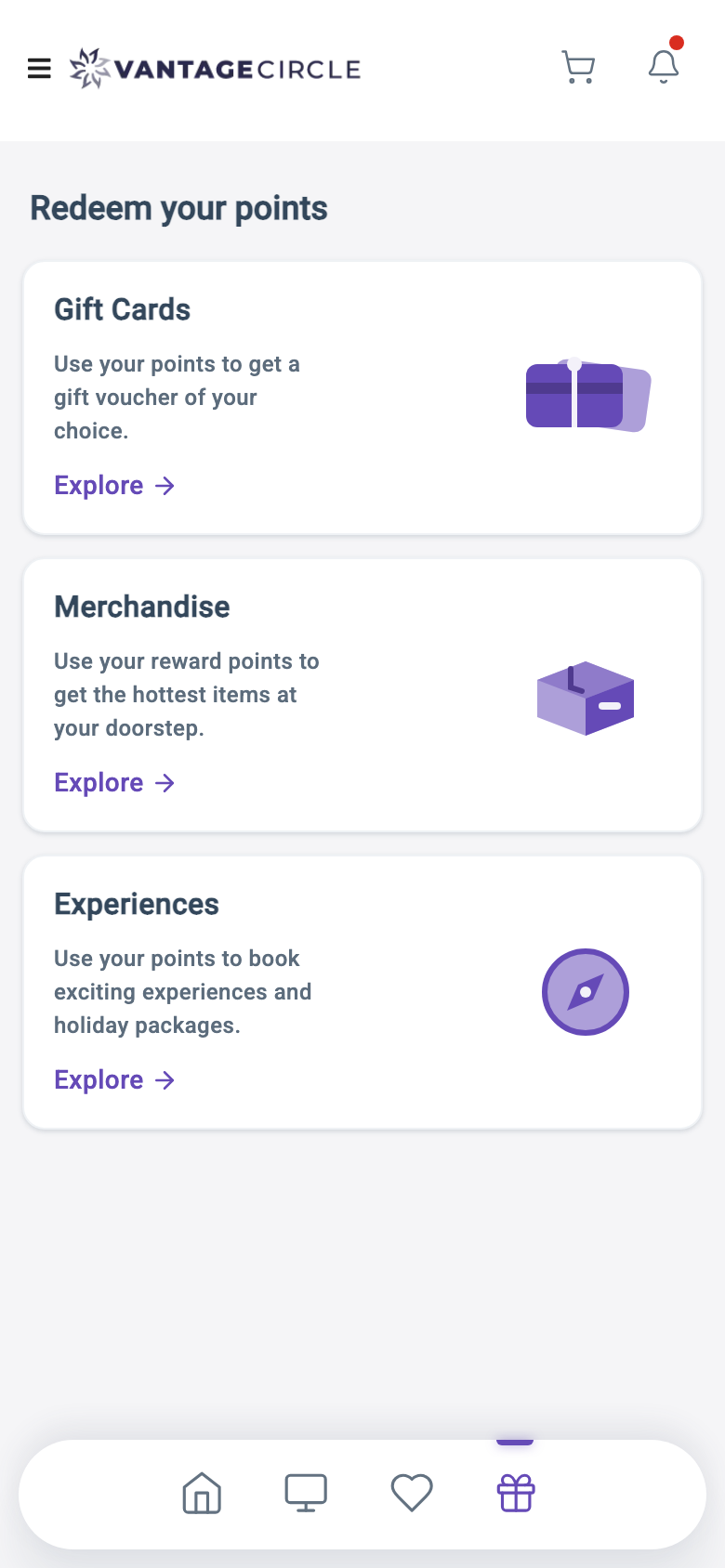The mobile-only Redeem hub: each redemption route as a card with its own illustration, and a gift icon tab active in the bottom navigation.